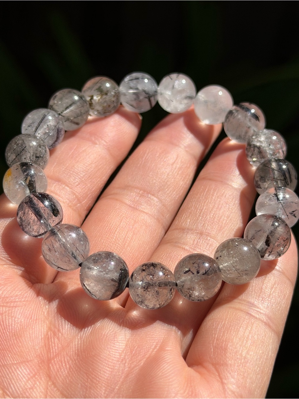 10mm Clear Quartz with Black Rutile Bead Stretch Bracelet  Palo